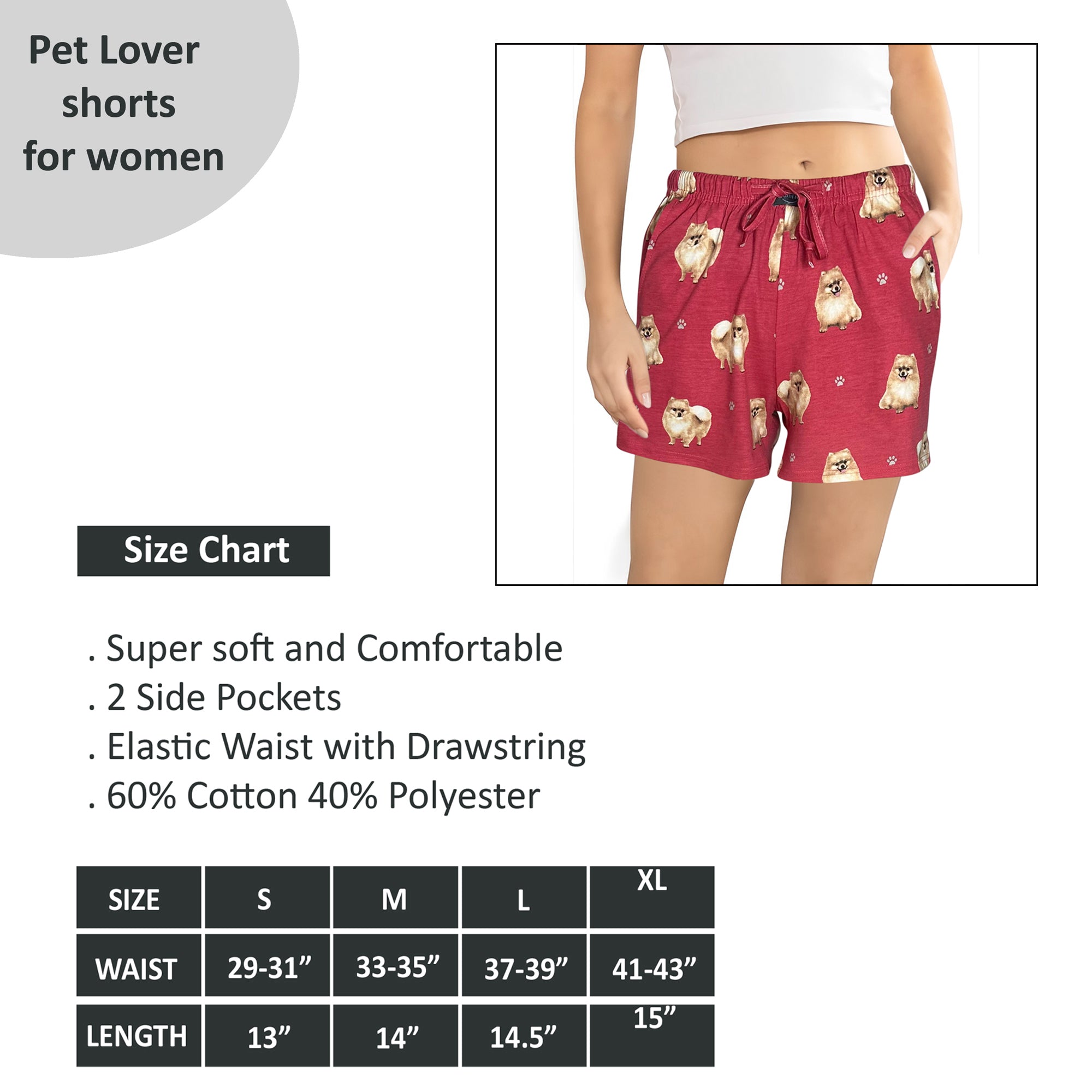 Womens Dog Print Lounge Shorts - Comfy Elastic Waist Shorts with Pockets