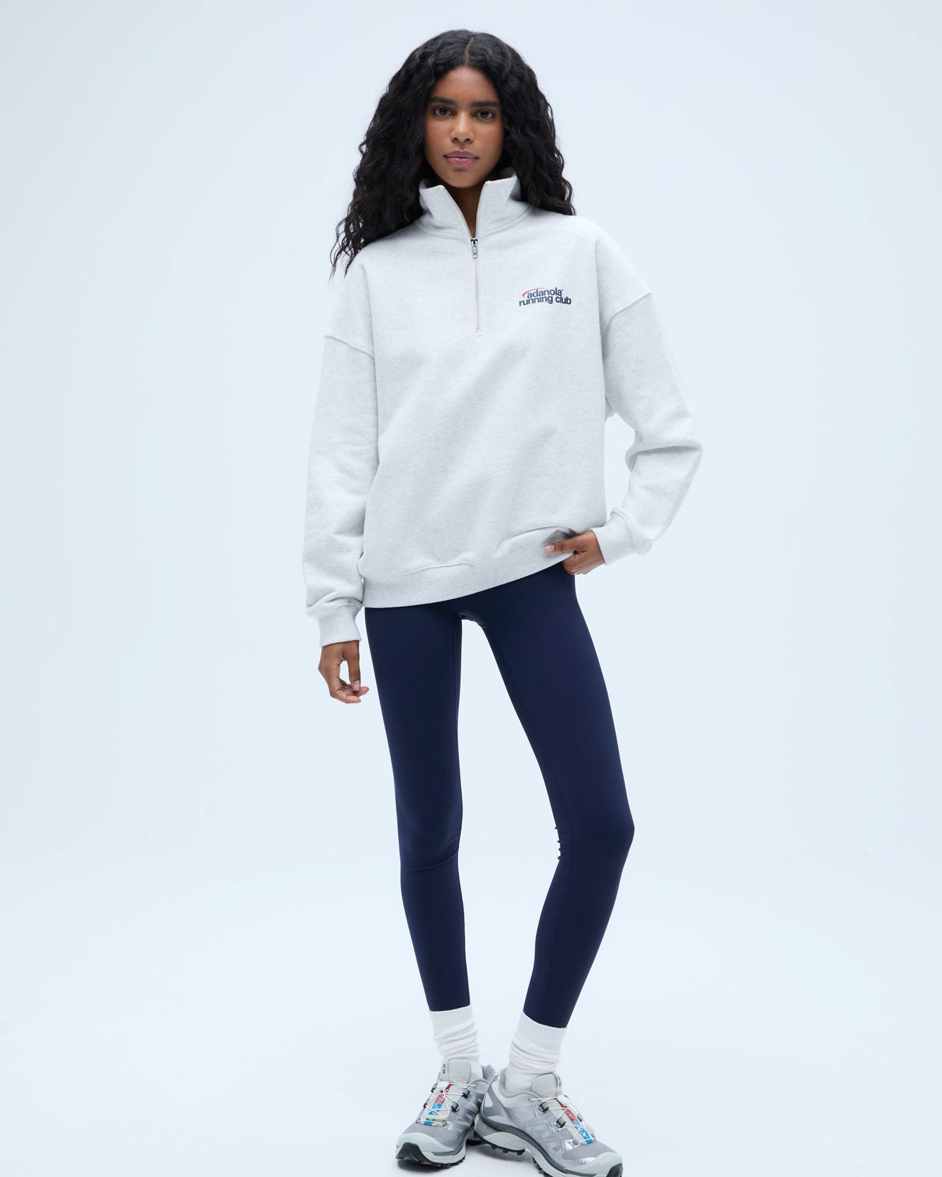 Runners Oversized Funnel Neck Zip Sweatshirt - Light Grey Melange/Classic Red